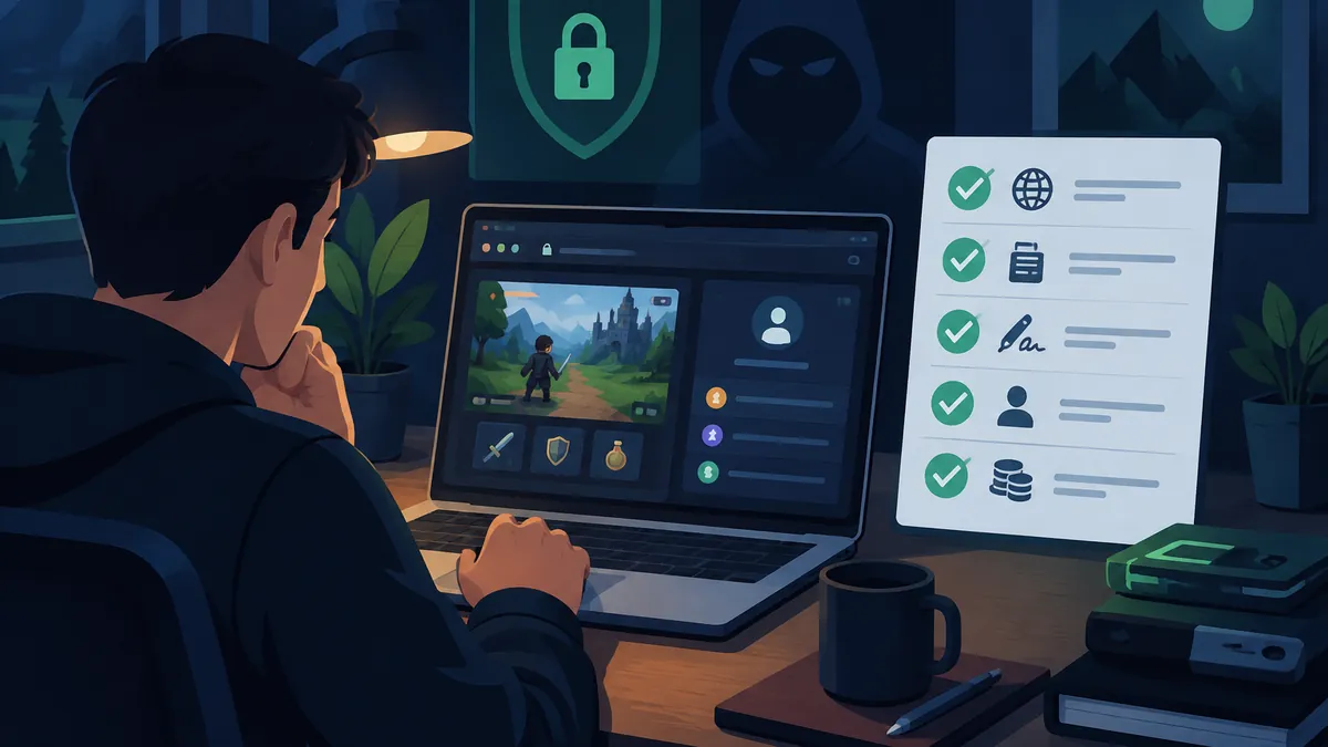 Usuario revisando un checklist de seguridad antes de conectar una wallet a un juego de navegador.