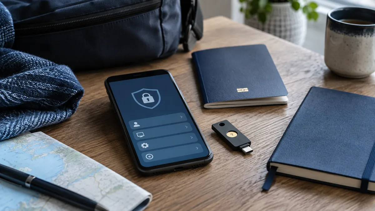 Móvil y llave de seguridad preparados para mantener el acceso a cuentas durante un viaje